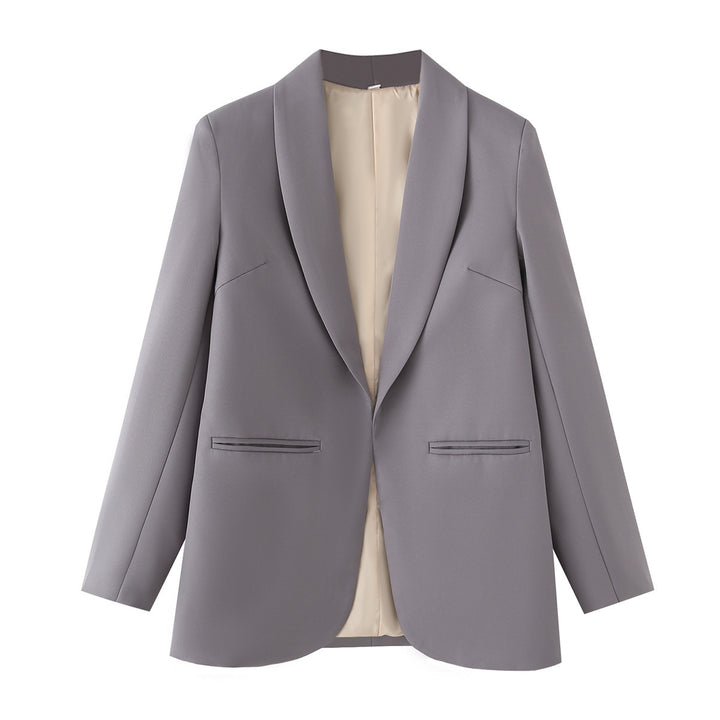 Ladies long blazer with shawl collar, unstructured fall and piped welt pockets Mune Fashion