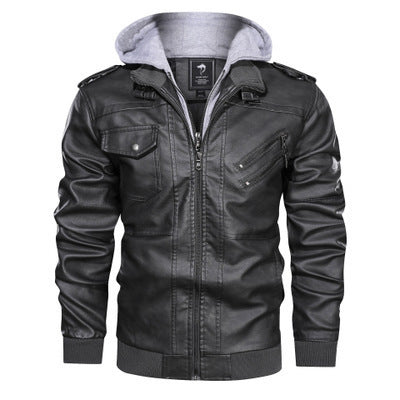 Men's vintage-inspired faux leather bomber with detachable hood trim and diagonal zipper detail Mune Fashion