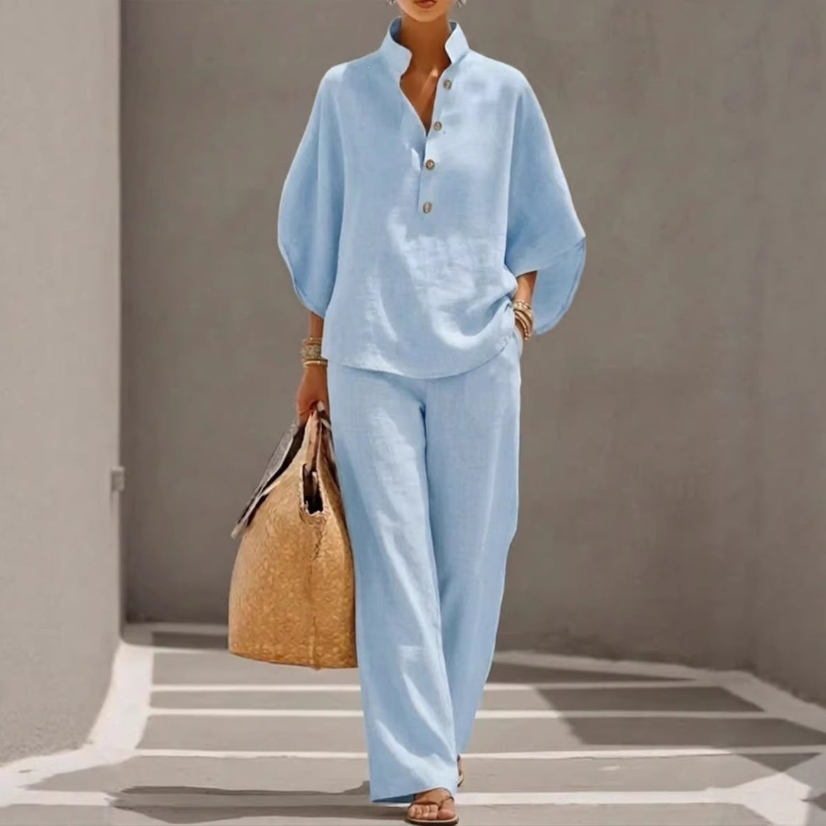 Women Lightweight Linen Loungewear Set with Stand-up Collar Button Placket and Wide Marlene Cut Mune Fashion