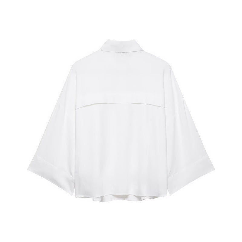 Women's Oversized Shirt Jacket with Three-Quarter Kimono Sleeves and Patch Pockets Mune Fashion