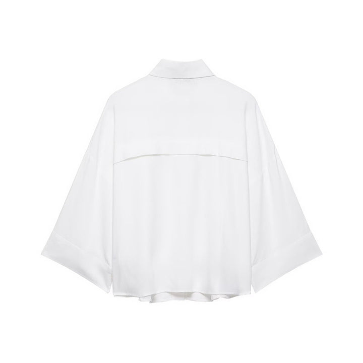 Women's Oversized Shirt Jacket with Three-Quarter Kimono Sleeves and Patch Pockets Mune Fashion