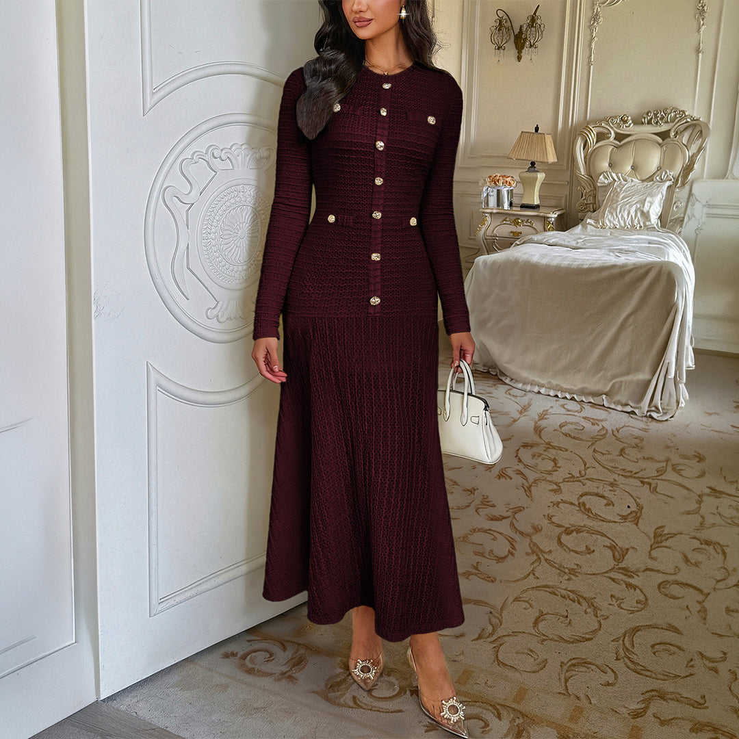 Women's fitted maxi knitted dress with button placket and decorative buttons Mune Fashion