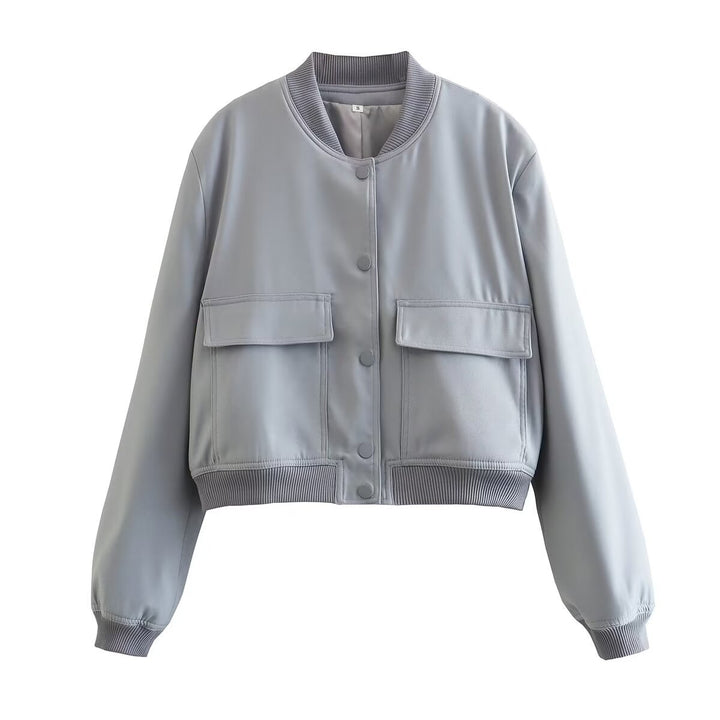 Women's short-cut bomber jacket with animal print, ribbed cuffs, patch pockets, and snap button closure Mune Fashion