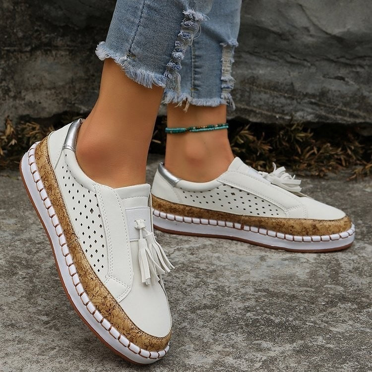 Women's Slip-On Wedge Sneakers with Cork Platform, Tassels and Perforated Upper Mune Fashion