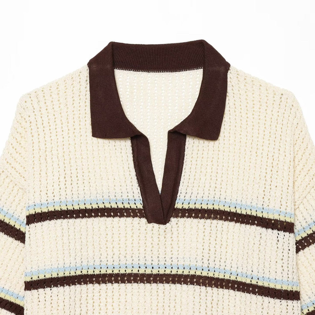 Women's short-sleeve polo pullover made of openwork knit with open V-neck Mune Fashion