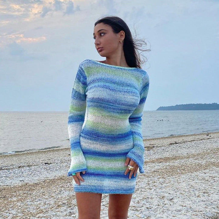 Women's figure-hugging knit mini dress with bell sleeves and silky light patterned knit Mune Fashion