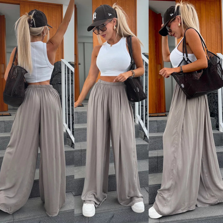 Women wide-cut Palazzo pants with high elastic waistband and flowing jersey Mune Fashion