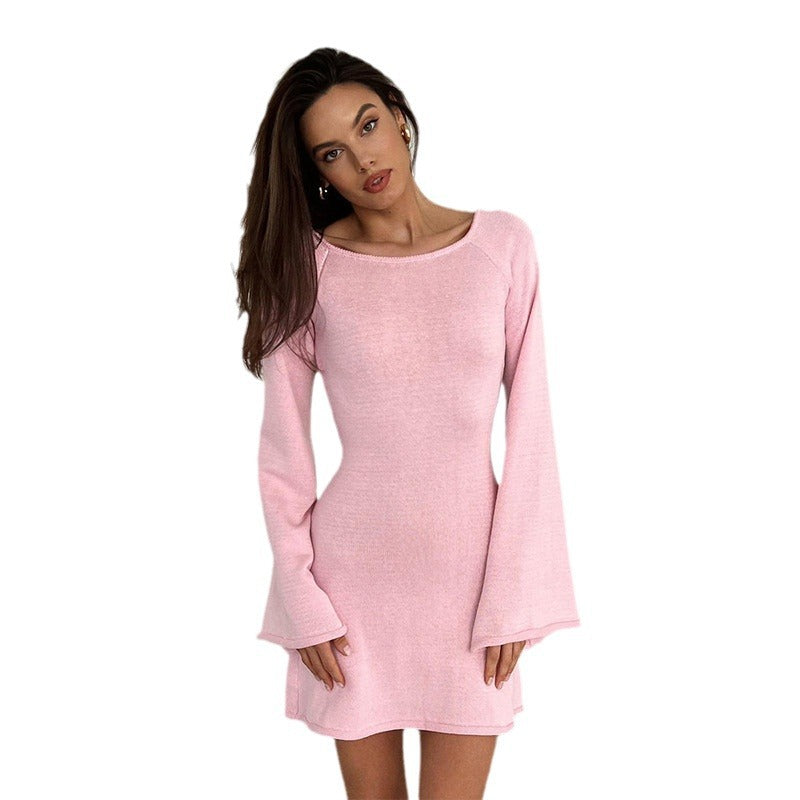 Ladies Figure-Hugging Fine Knit Mini Dress with Flared Trumpet Sleeves Mune Fashion