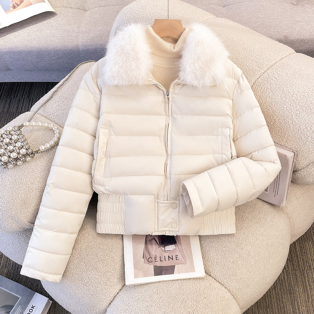 Women's short quilted bomber jacket with removable fur collar and fitted ribbed waistband Mune Fashion