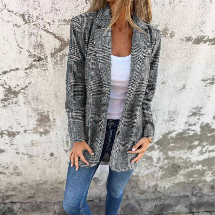 Women's Loose Glen Check Blazer with Notch Lapel, Flap Pockets and One-Button Closure Mune Fashion