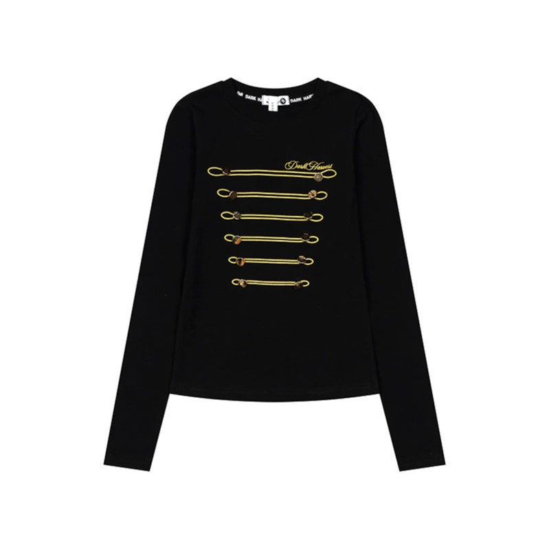 Women's Long Sleeve Shirt with Decorative Cord and Button Application Mune Fashion