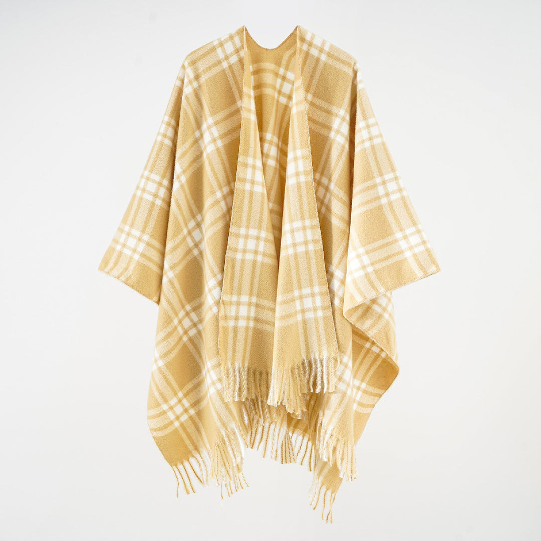 Women's Checked Wool Blend Kimono Cape Wrap with Open Front and Fringes