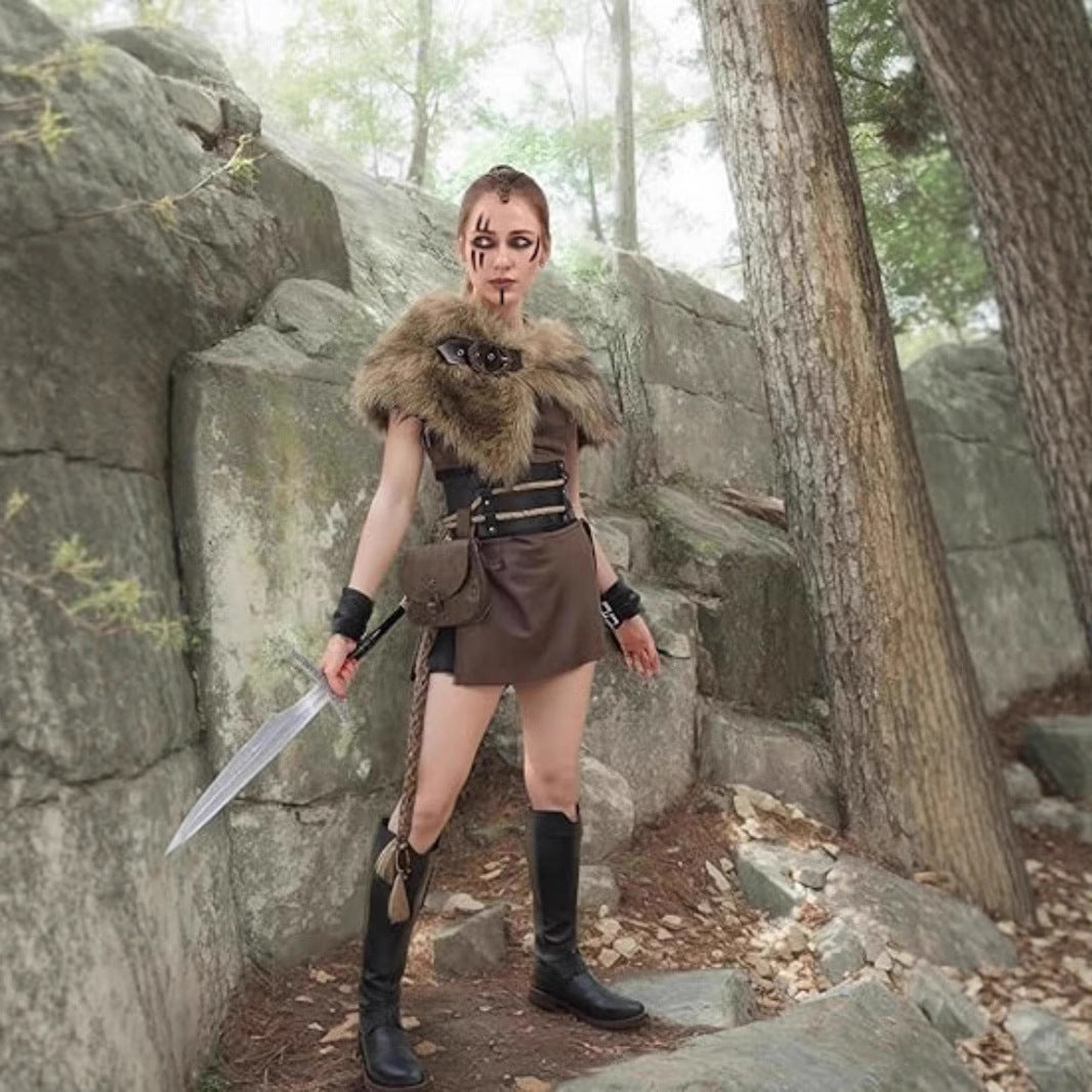 Women Viking-inspired fantasy costume with faux fur shoulder cape, waist belt, and leather bag Mune Fashion