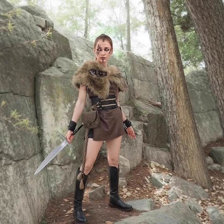 Women Viking-inspired fantasy costume with faux fur shoulder cape, waist belt, and leather bag Mune Fashion