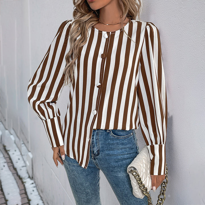 Women Elegant Striped Blouse with Button Details Mune Fashion