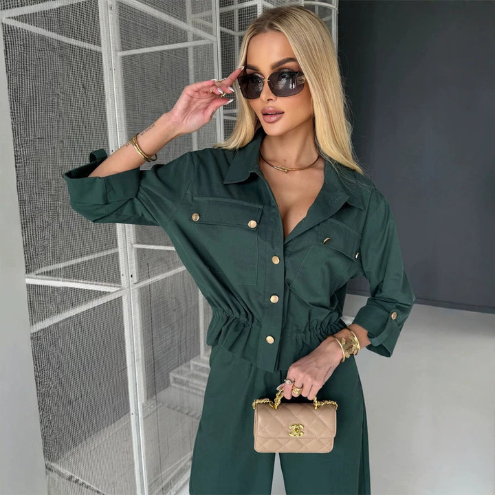 Women's Two-Piece Utility Shirt Jacket and High Waisted Pants Set with Drawstring and Gold Snap Buttons Mune Fashion