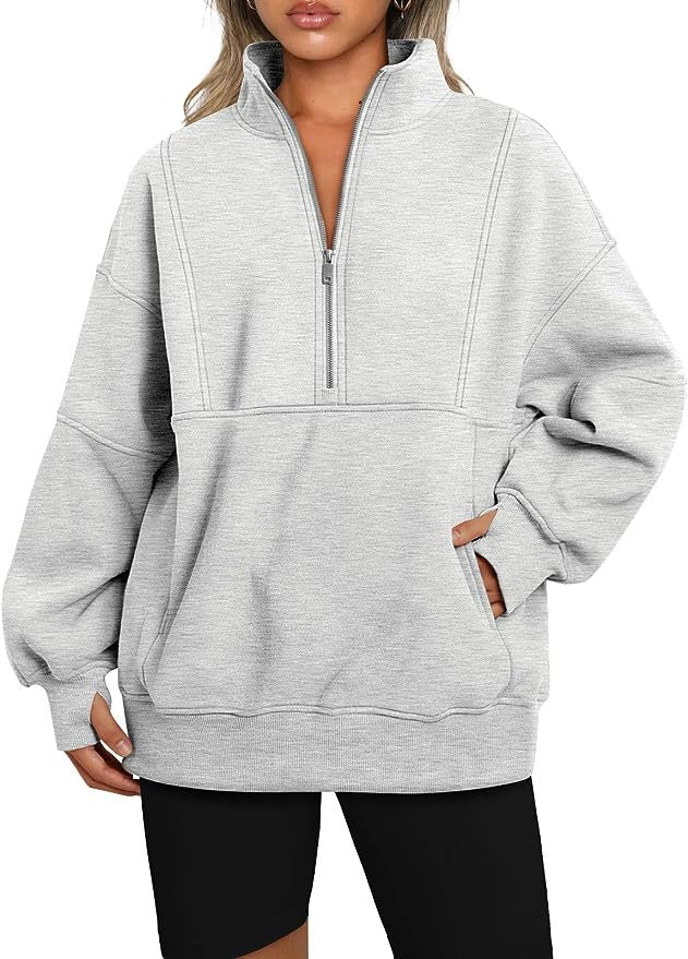 Women's Oversized Sweatshirt with Half Zipper, Kangaroo Pocket and Stand-up Collar Mune Fashion