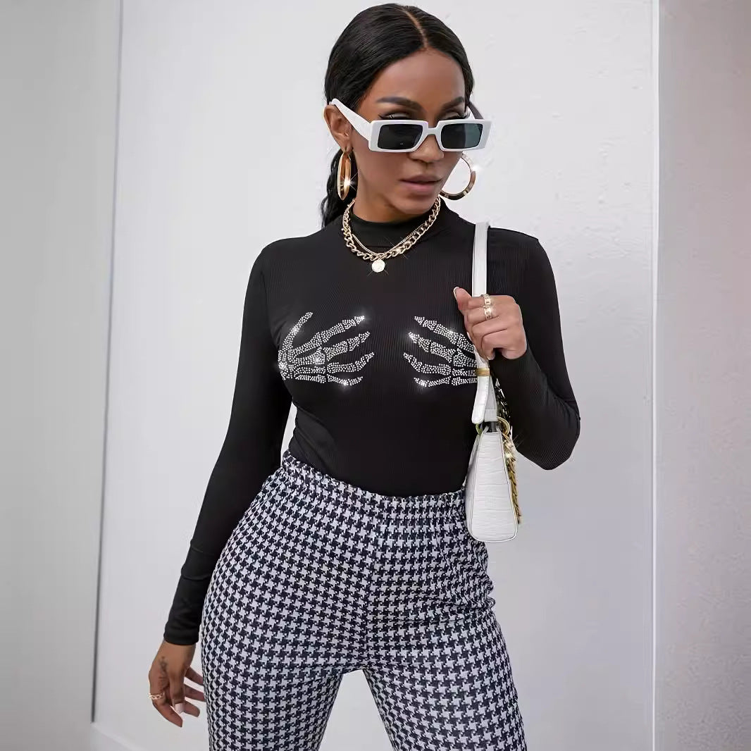 Women’s figure-hugging transparent mesh long sleeve shirt with high collar and rhinestone skeleton motif Mune Fashion