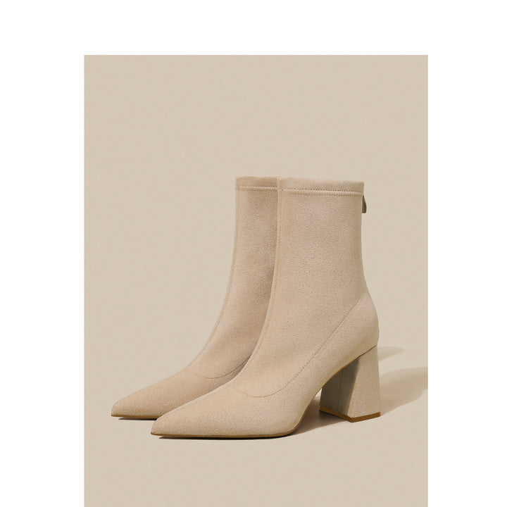 Women Lace Sock Ankle Boots with Sculptural Block Heel and Stretch Velvet Look Mune Fashion