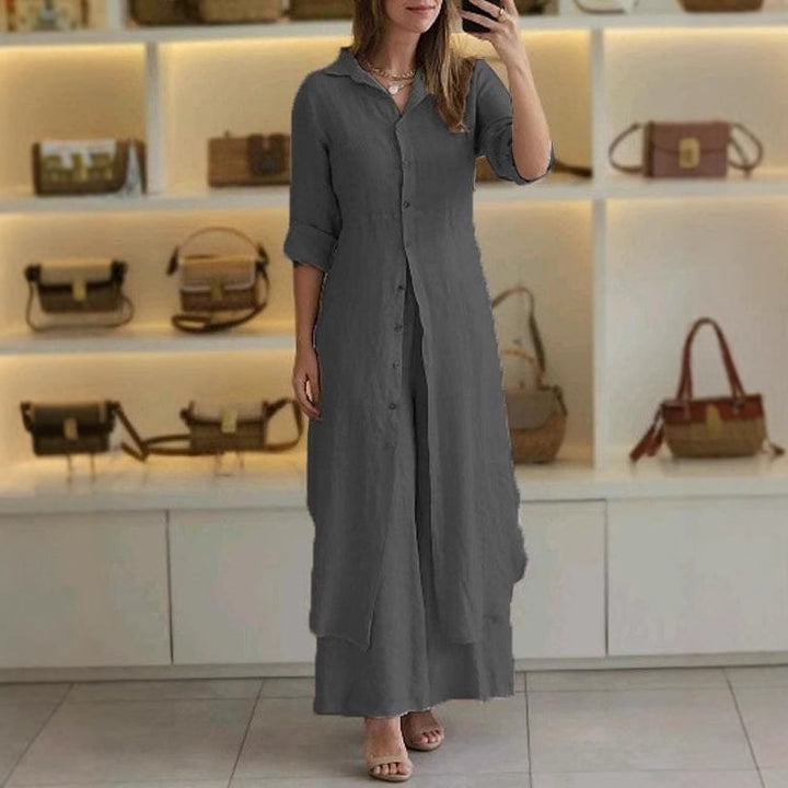 Women's long linen shirt dress with continuous button placket, shirt collar, and subtle A-line cut Mune Fashion