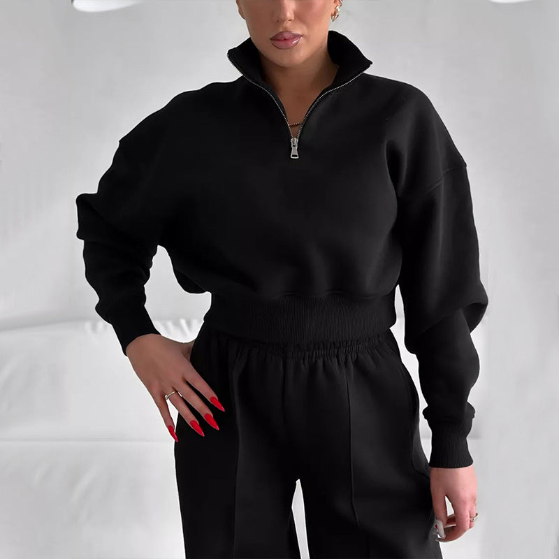 Women Two-Piece Cropped Half-Zip Sweatset with Stand Collar and Elastic High-Waist Jogging Pants Mune Fashion