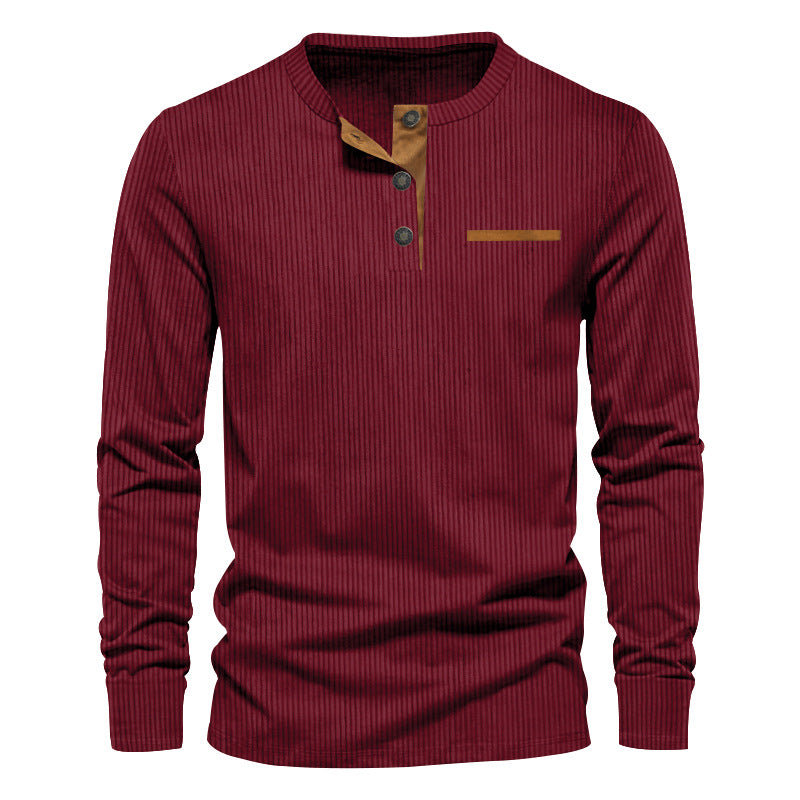 Men's long sleeve Henley with fine rib structure, slim silhouette, and chest piping Mune Fashion