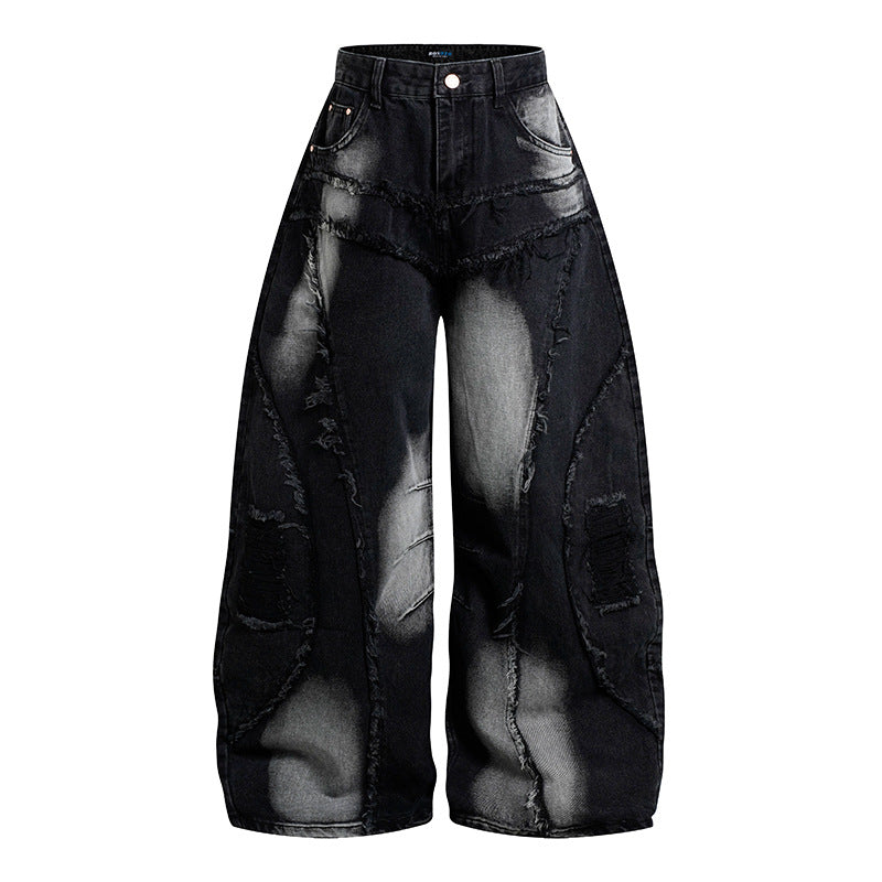 Women's High-Waisted Wide-Cut Destroy Jeans with Fringe Seam Details Mune Fashion