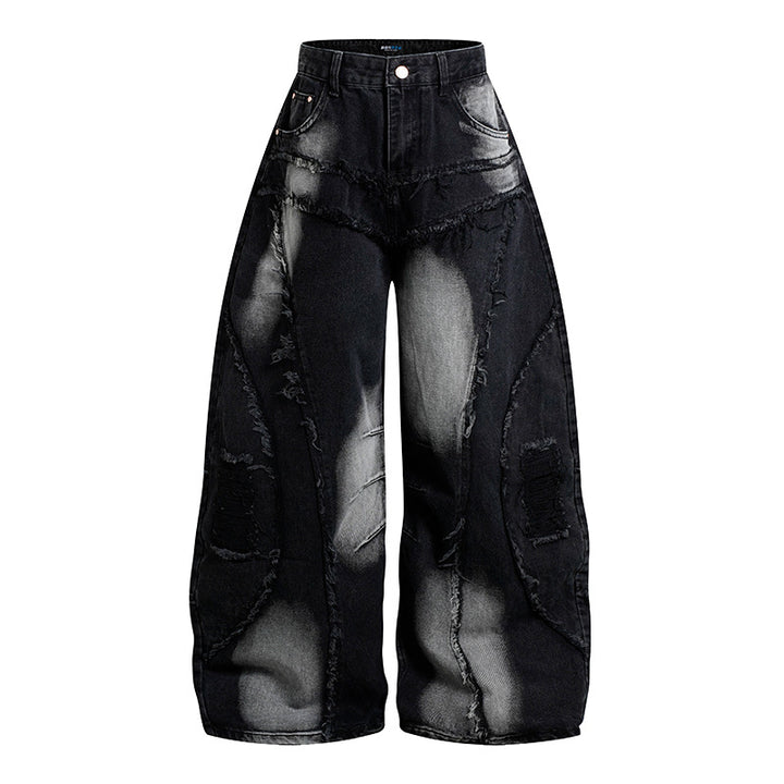 Women's High-Waisted Wide-Cut Destroy Jeans with Fringe Seam Details Mune Fashion