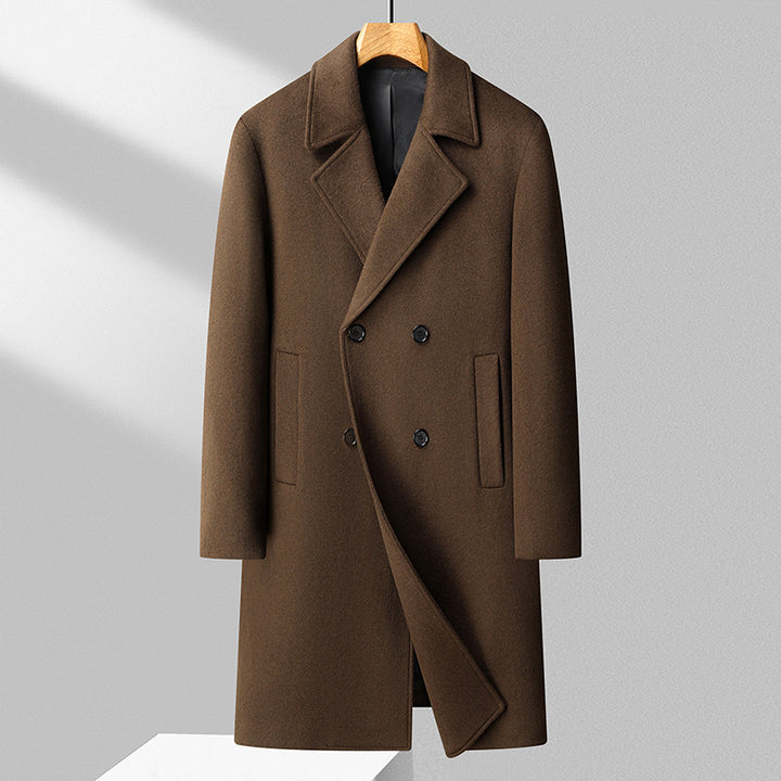 Men's Elegant Long Double-Breasted Wool Blend Overcoat with Notched Lapel Mune Fashion