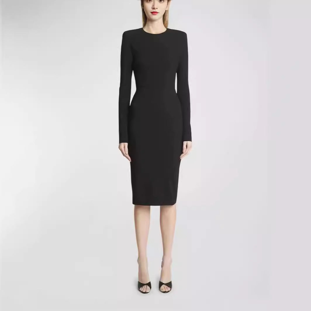 Women's Figure-hugging Midi Dress with Round Neckline and Long Sleeves Mune Fashion