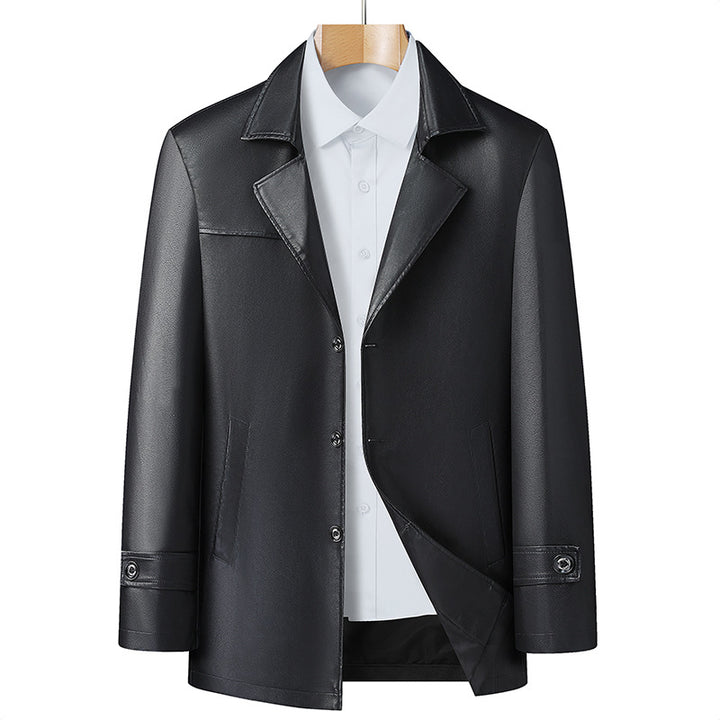 Men's Elegant Faux Leather Short Coat in Blazer Style with Notched Lapel Mune Fashion