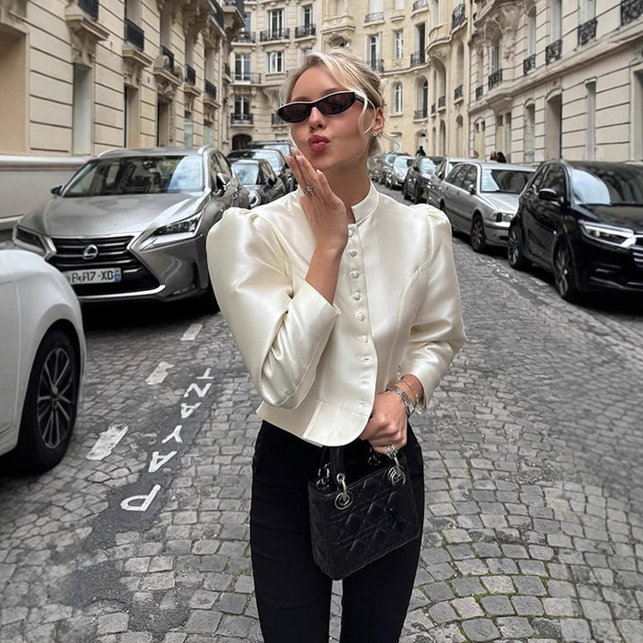 Women Tailored Satin Bolero Jacket with Stand-up Collar & Emphasized Puff Sleeves Mune Fashion