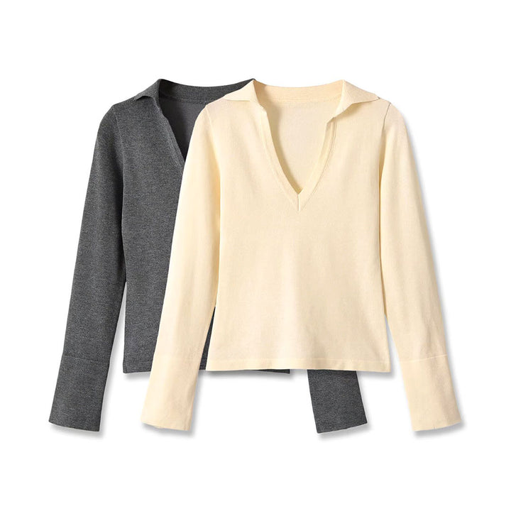 Ladies fine knit long sleeve with deep V-neck and shirt collar Mune Fashion