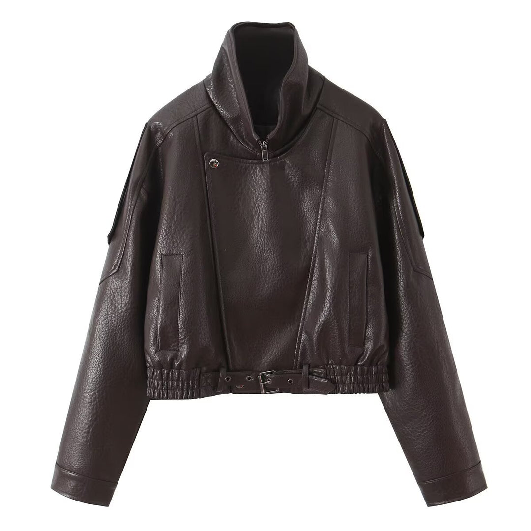 Women's Cropped Biker Jacket in vegan leather look with asymmetric front flap and waist belt Mune Fashion