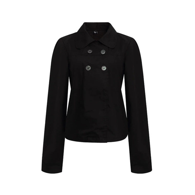Women Tailored Lightweight Cotton Blouse Jacket with Round Collar and Double Button Row Mune Fashion