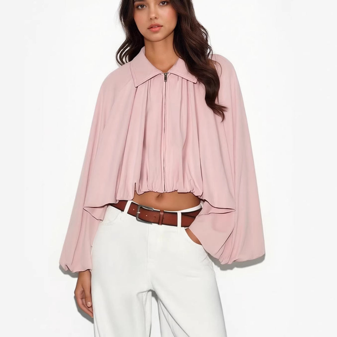 Women’s Short Cape Jacket with Voluminous Balloon Sleeves, Stand Collar and Zip Mune Fashion