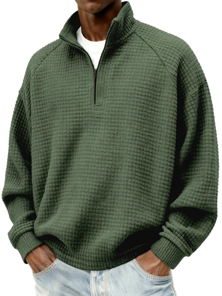 Men's Waffle Knit Oversized Sweater with Half-Zip and Stand-Up Collar Mune Fashion