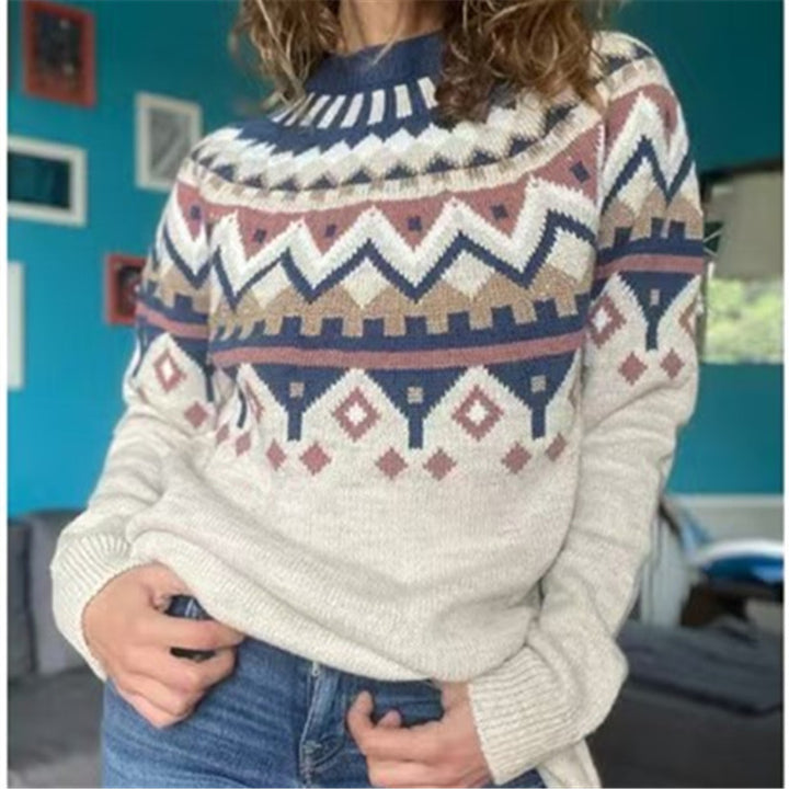 Women's Norwegian sweater made of wool blend with round neck and traditional Fair Isle yoke Mune Fashion
