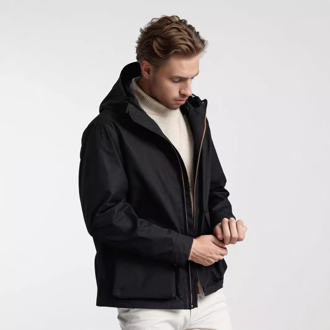 Men's short weatherproof hooded jacket in field style with large flap pockets Mune Fashion