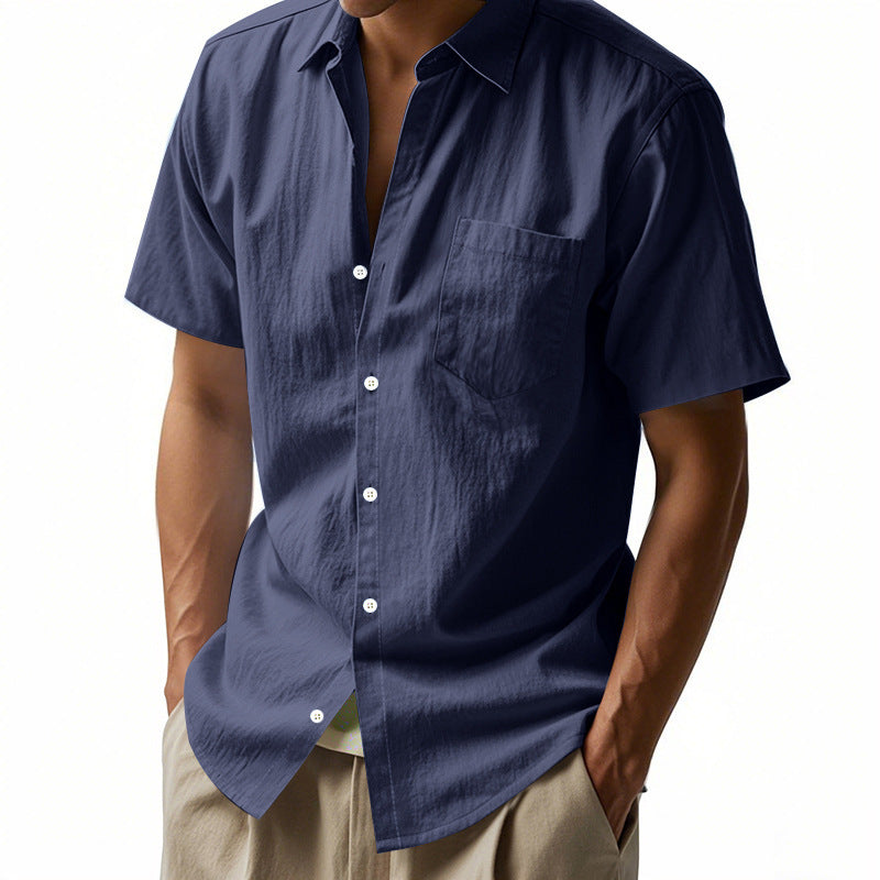 Men's short-sleeved cotton-linen casual shirt with Kent collar, chest pocket, and continuous button placket Mune Fashion