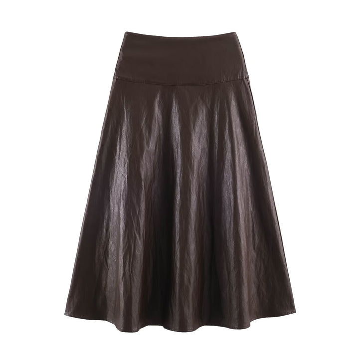 Women's midi skirt made of faux leather with a high waist and flared A-line Mune Fashion