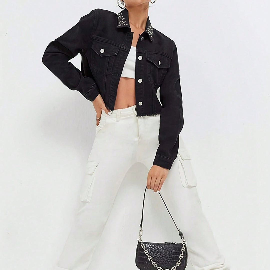 Women Cropped Denim Jacket with Beaded Collar and Raw Fringe Hem Mune Fashion
