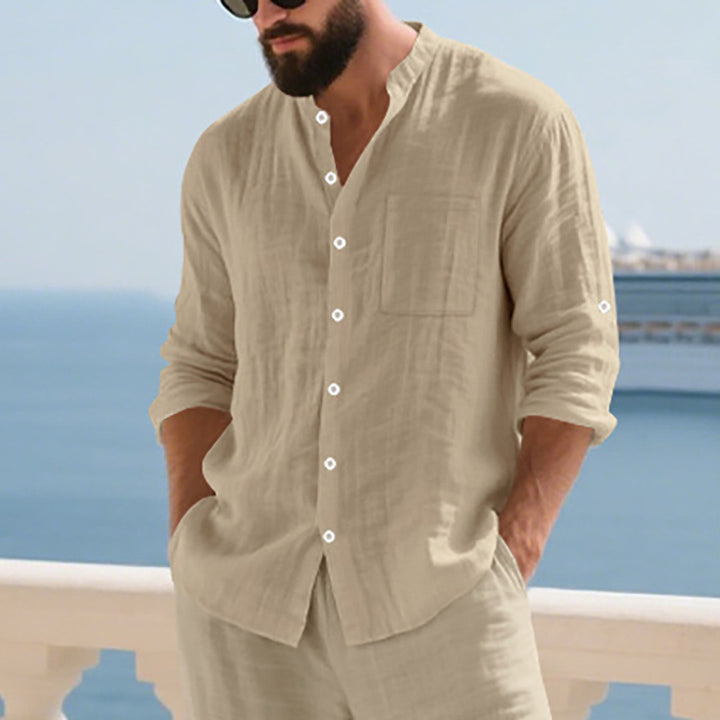 Men's airy linen shirt with stand-up collar, breast pocket, and rollable sleeves Mune Fashion