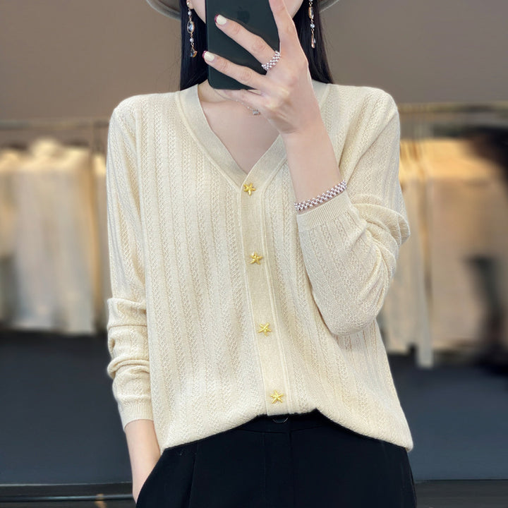 Women Lightweight V-Neck Cardigan with Textured Vertical Stripes and Star Buttons Mune Fashion
