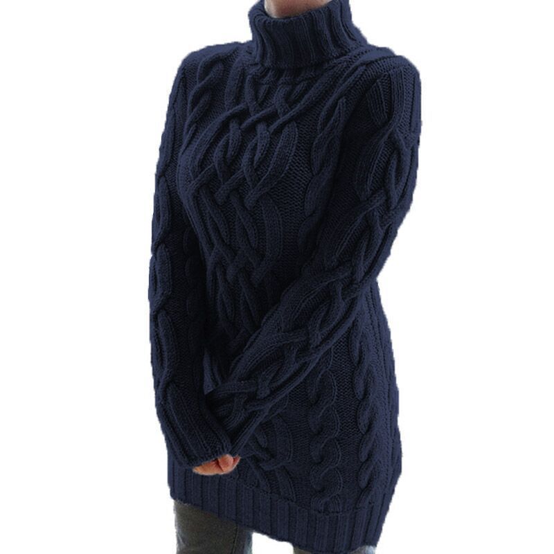 Women Oversized Knit Dress with Distinctive Cable Pattern and Turtleneck Mune Fashion