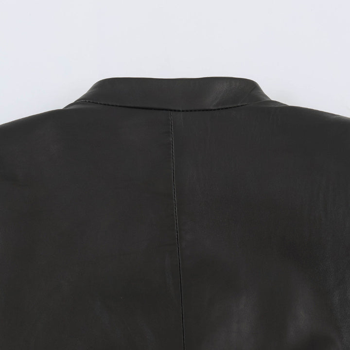 Women tailored military-inspired leather jacket with stand-up collar, decorative strap and button placket Mune Fashion