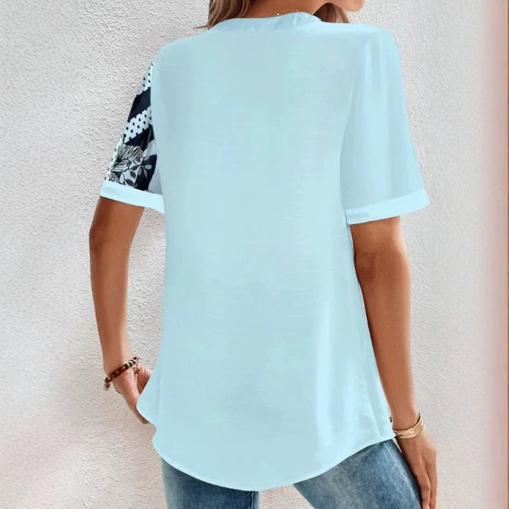 Women two-piece shirt blouse with asymmetrical pattern mix, button placket and loose hip length Mune Fashion