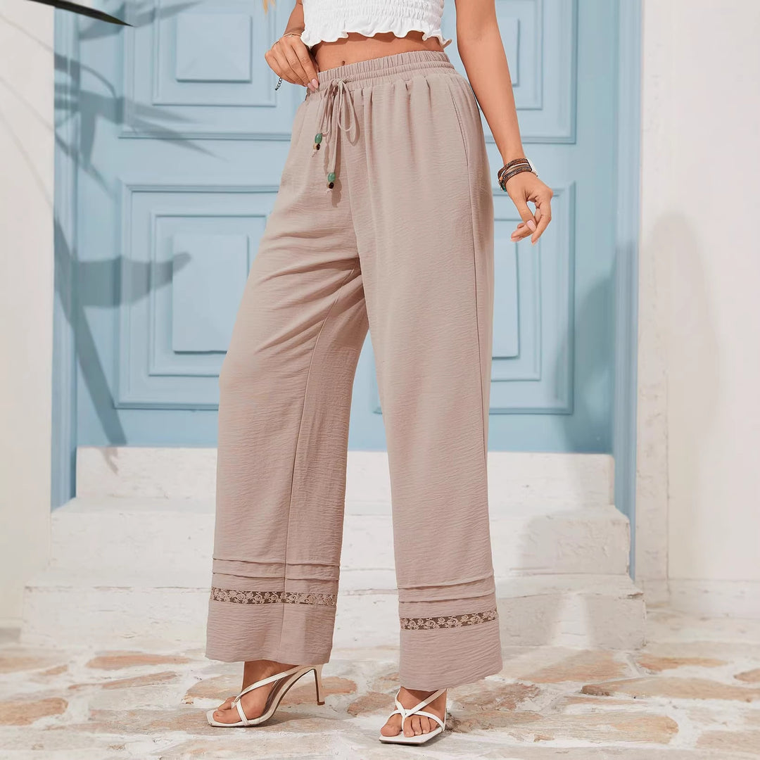 Women's wide linen-look pants with high elastic waistband, drawstring and lace insert Mune Fashion