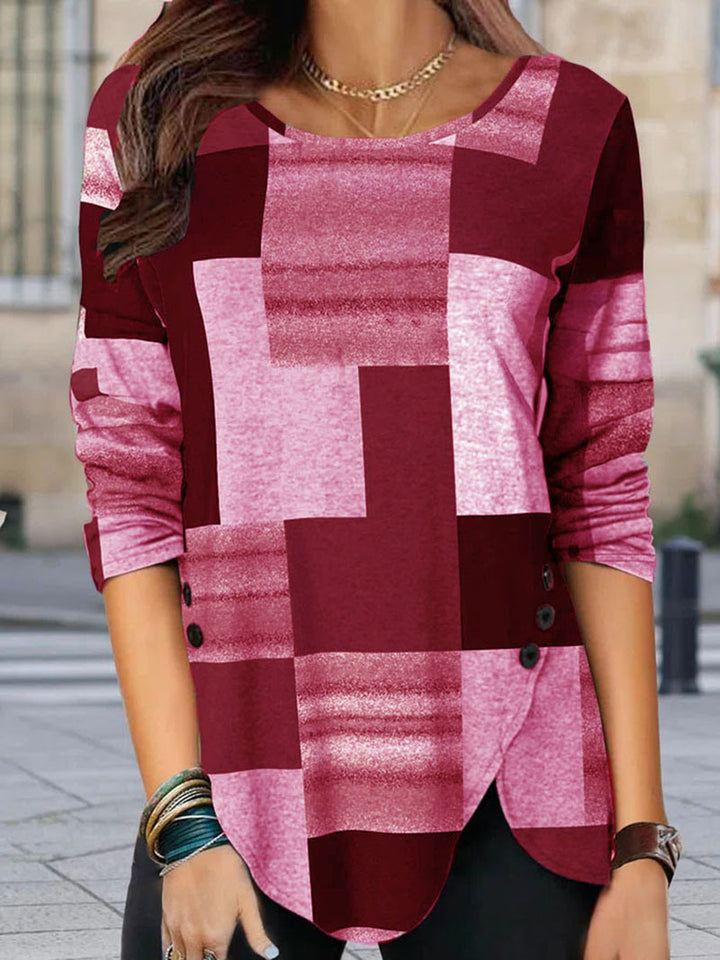 Women Patterned Long Sleeve Tunic Shirt with Asymmetrical Hem and Decorative Button Placket Mune Fashion
