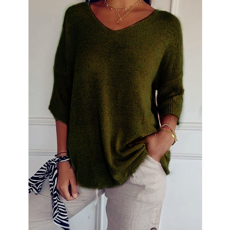 Women's relaxed fit V-neck fine knit pullover with three-quarter sleeves Mune Fashion